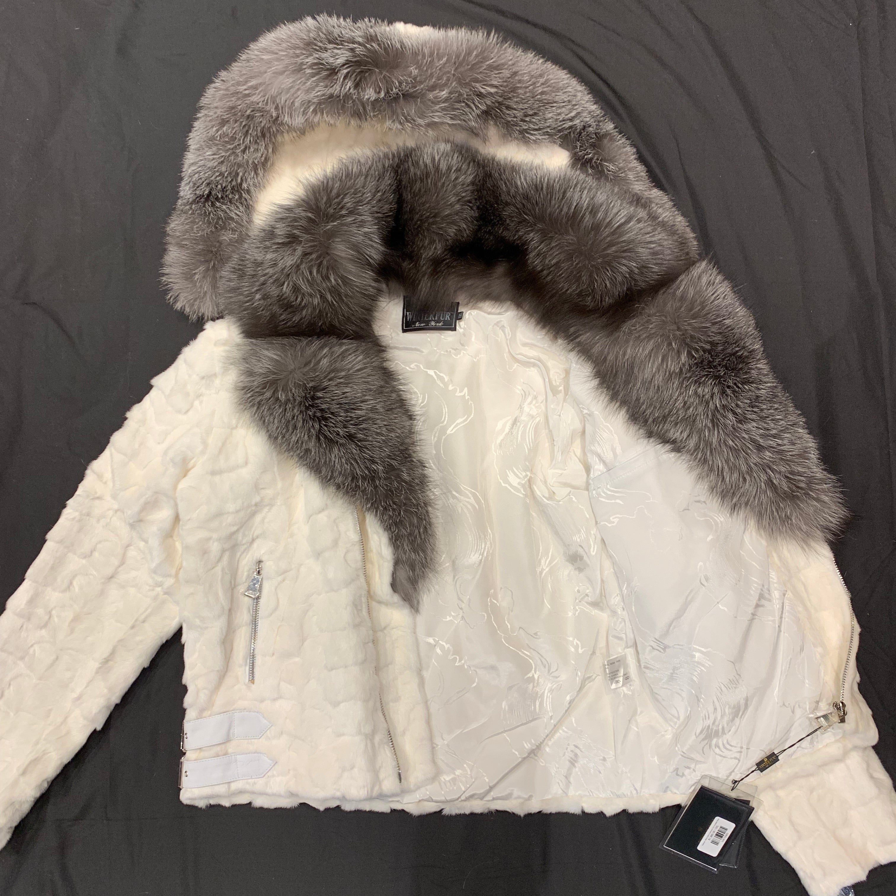 Kashani White Mink Diamond Cut Hooded Silver Fox Bomber Jacket - Dudes Boutique