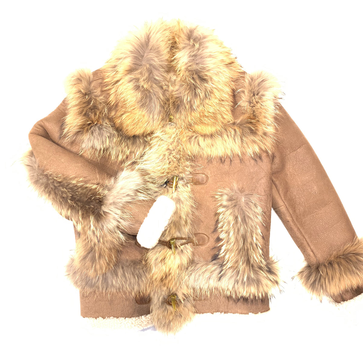 Kashani Cocoa Fluffy Red Fox Lined Shearling Jacket - Dudes Boutique
