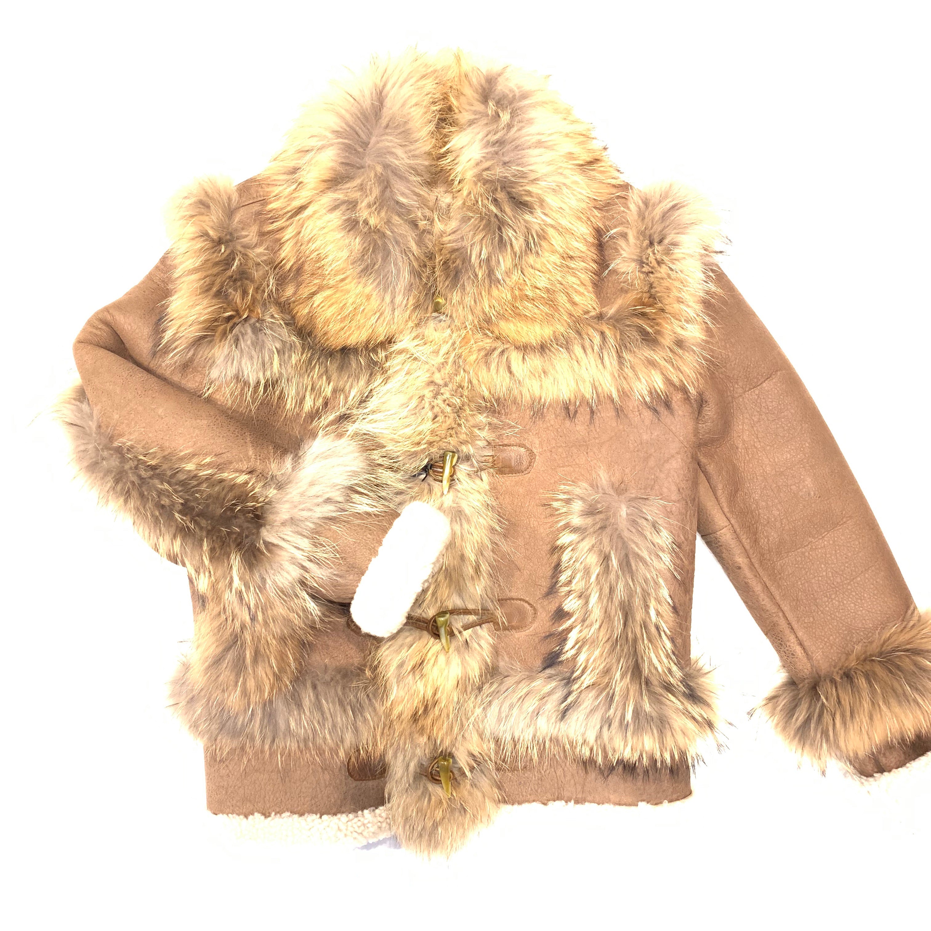 Kashani Cocoa Fluffy Red Fox Lined Shearling Jacket - Dudes Boutique