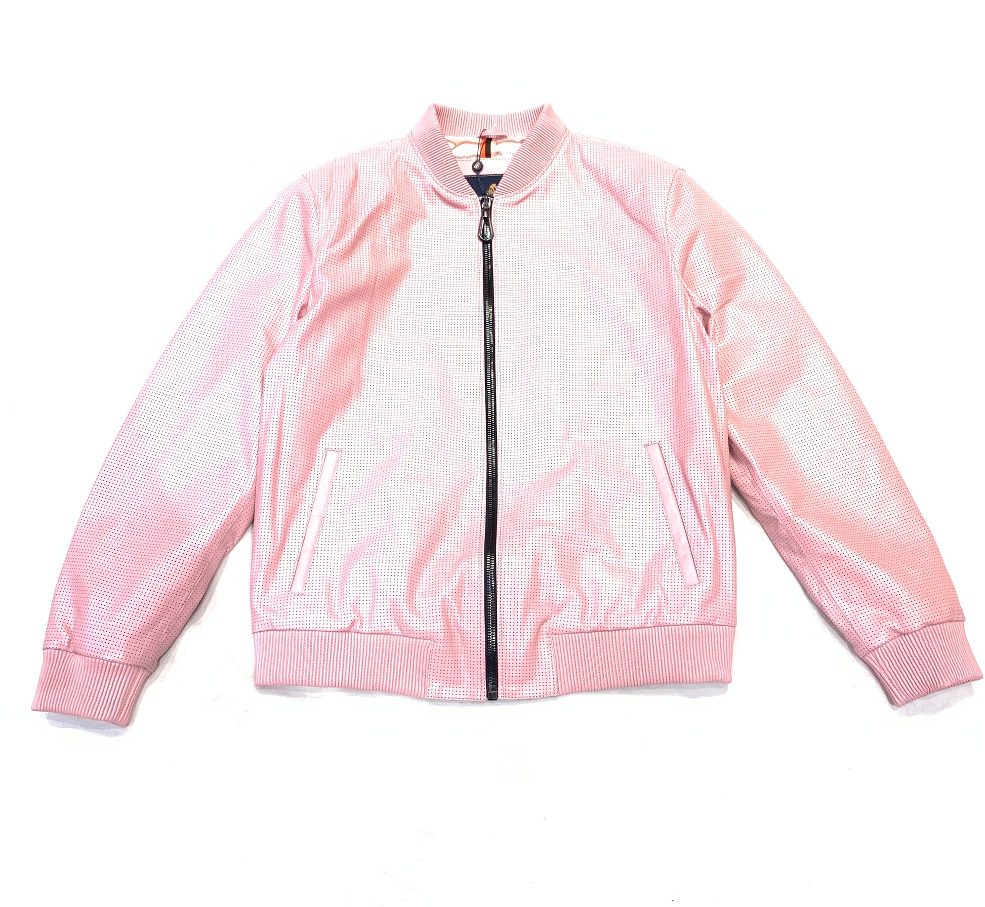 Kashani Baby Pink Perforated Lambskin Bomber Jacket - Dudes Boutique