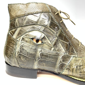 Mauri-3079 "Eye" Olive Green Alligator Tail / Ostrich Leg Dress Ankle Boots - Dudes Boutique