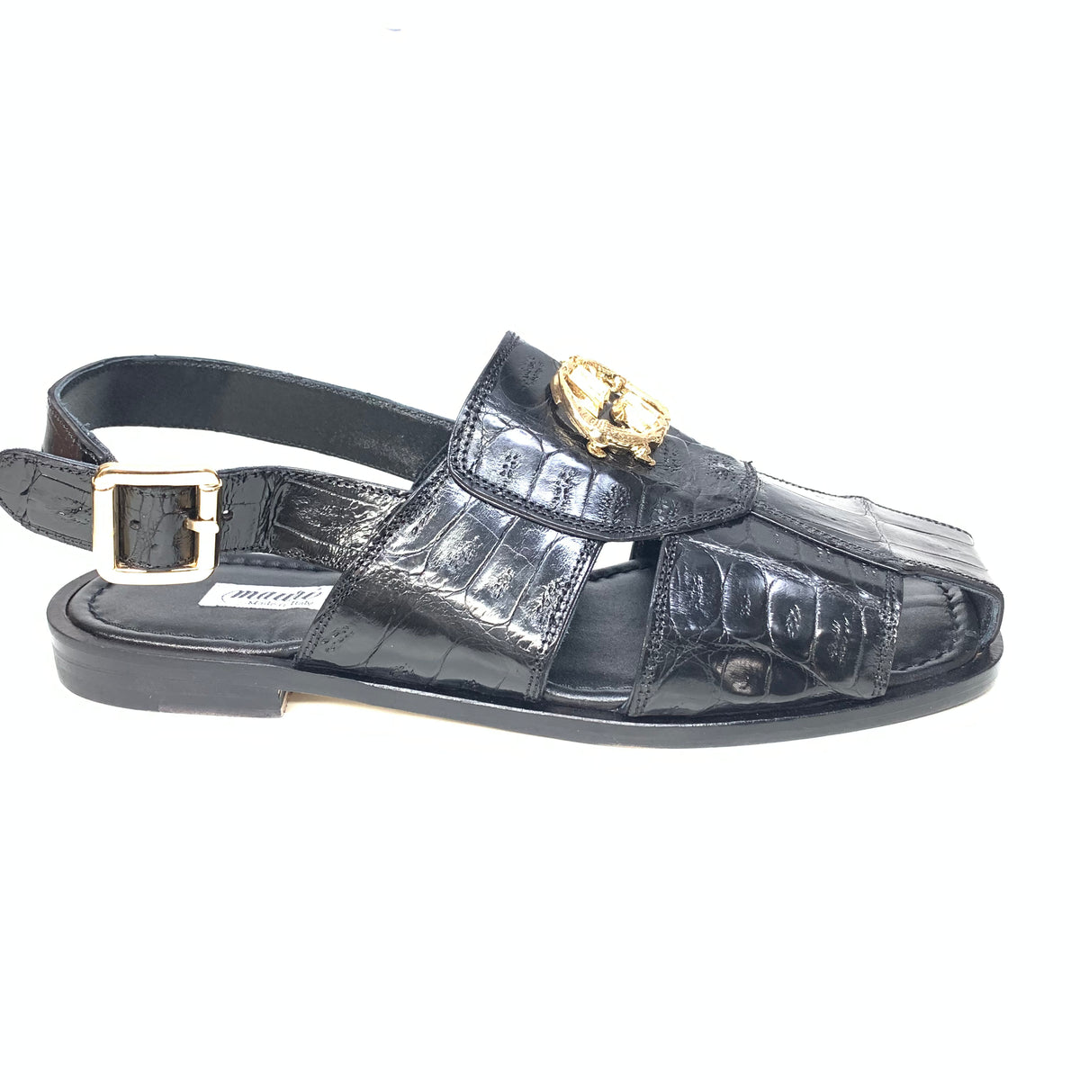 Mauri 5071 Black Gold Buckle Baby Crocodile Sandals - Dudes Boutique