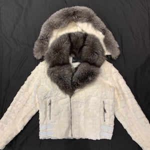 Kashani White Mink Diamond Cut Hooded Silver Fox Bomber Jacket - Dudes Boutique