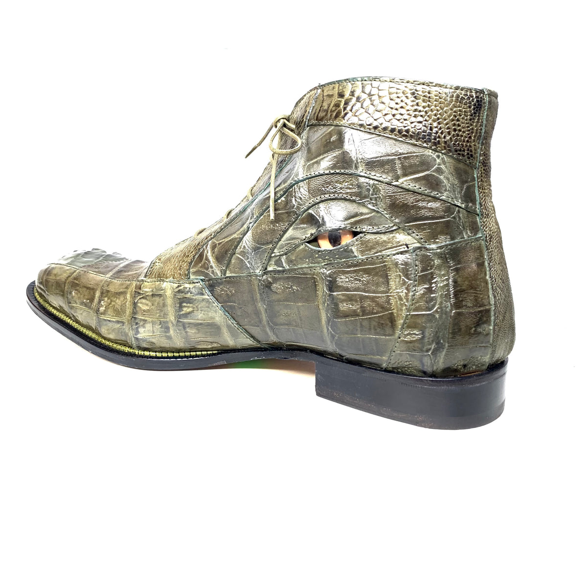 Mauri-3079 "Eye" Olive Green Alligator Tail / Ostrich Leg Dress Ankle Boots - Dudes Boutique