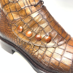 Jo Ghost Embossed Alligator Cognac Button Strap Ankle Boots - Dudes Boutique