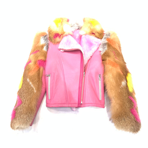 Kashani Women's Pink Shearling Fox Fur Sleeve Biker Jacket - Dudes Boutique