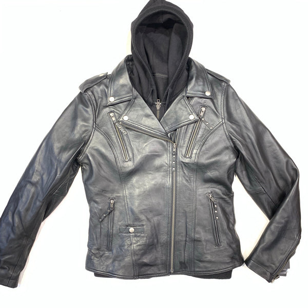 FMC Ladies Black Leather Hooded Biker Jacket - Dudes Boutique