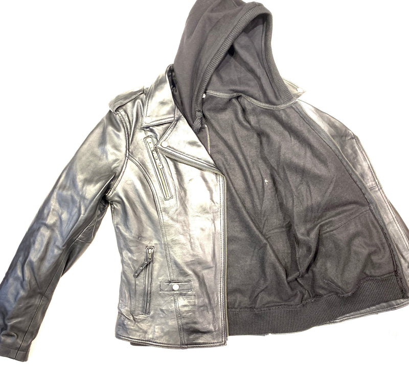 FMC Ladies Black Leather Hooded Biker Jacket - Dudes Boutique