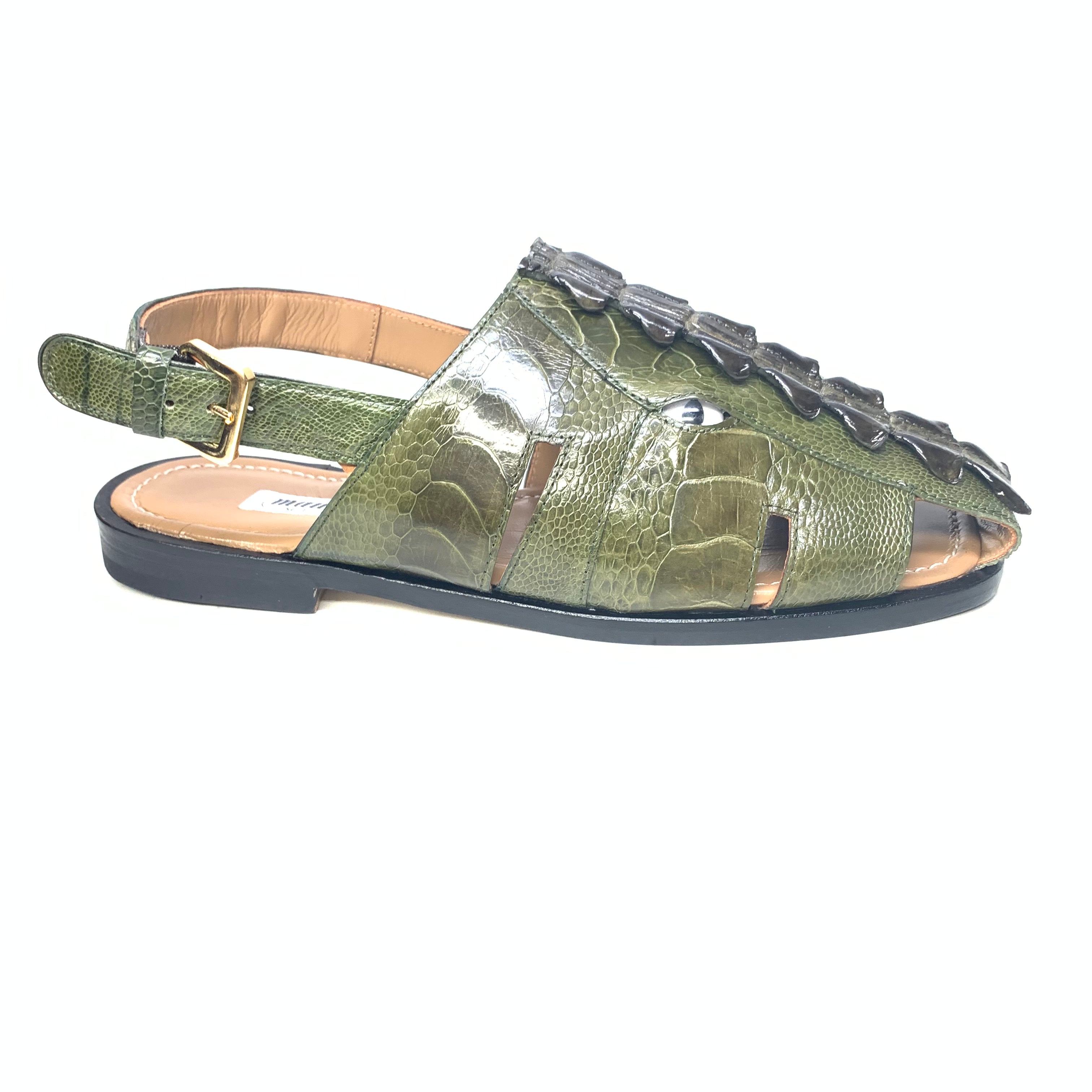 Mauri 5133 Mayhem Olive Green Exotic Hornback / Ostrich Leg Eyes Sandals - Dudes Boutique