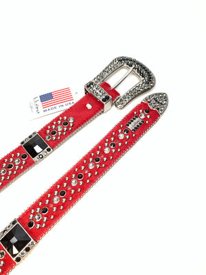 b.b. Simon Red Black Big Block Pony Crystal Belt - Dudes Boutique