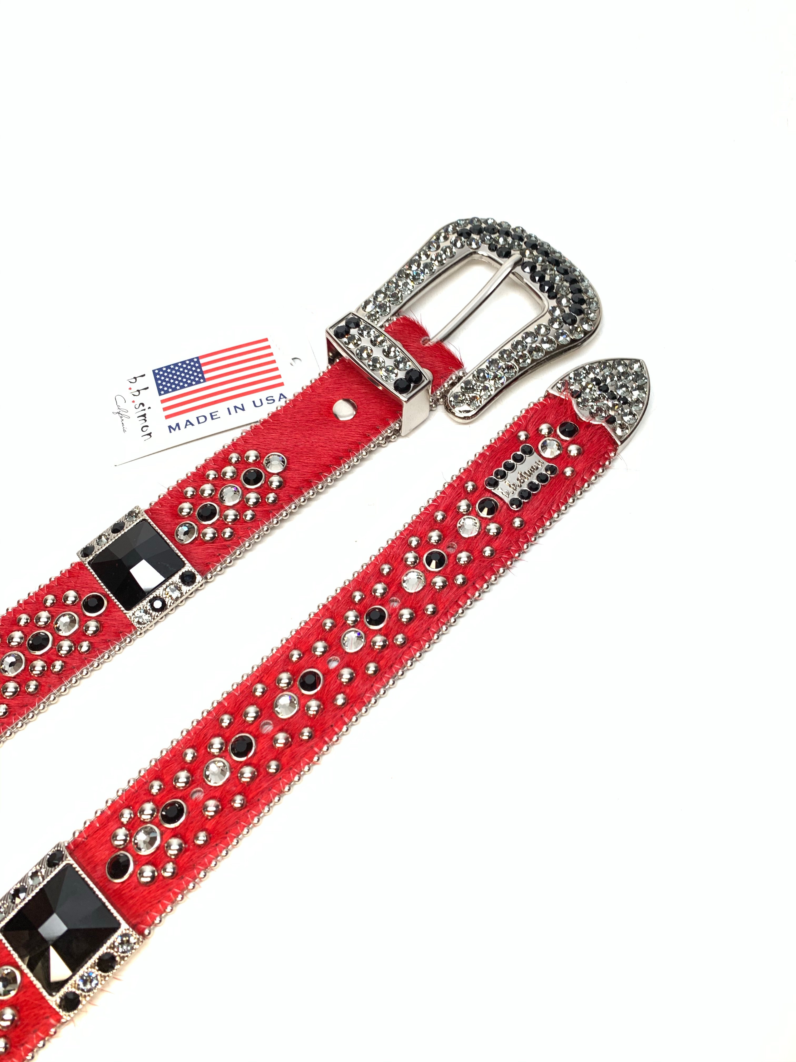 b.b. Simon Red Black Big Block Pony Crystal Belt - Dudes Boutique