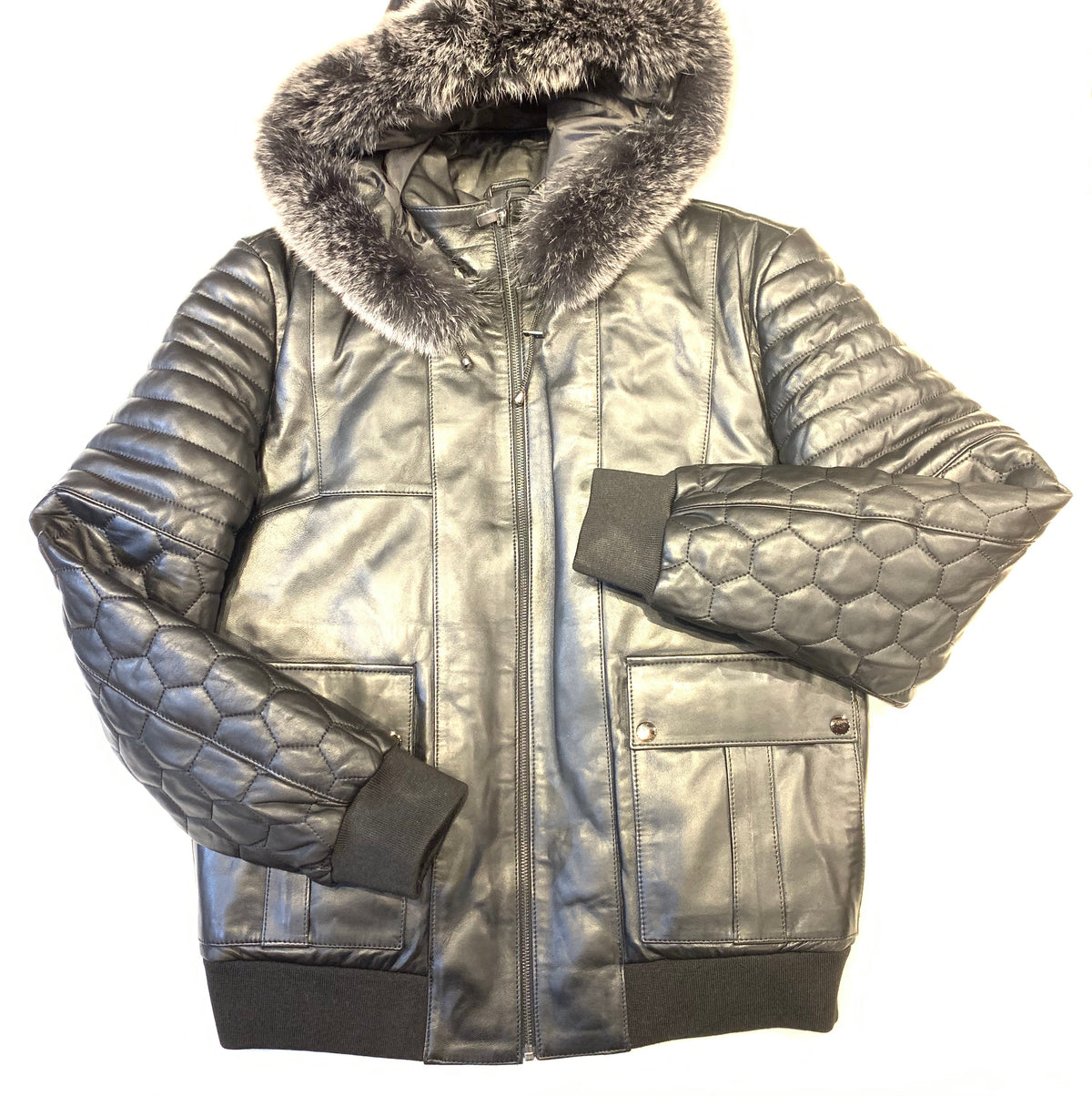 Barya NewYork Quilted Lambskin Silver Fox Fur Hooded Bomber Jacket - Dudes Boutique