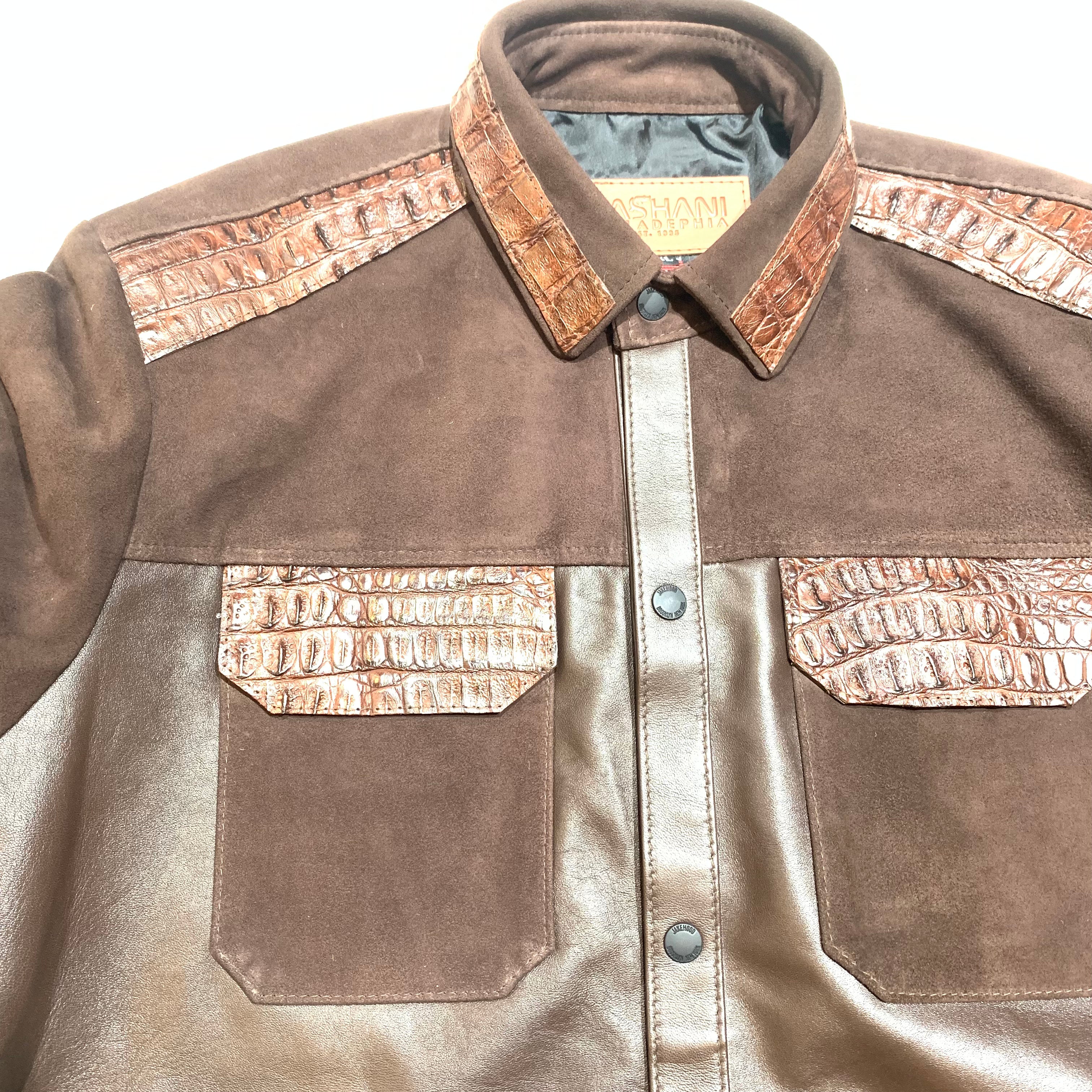 Kashani Chocolate Suede Hornback Crocodile Button-Up Shirt - Dudes Boutique