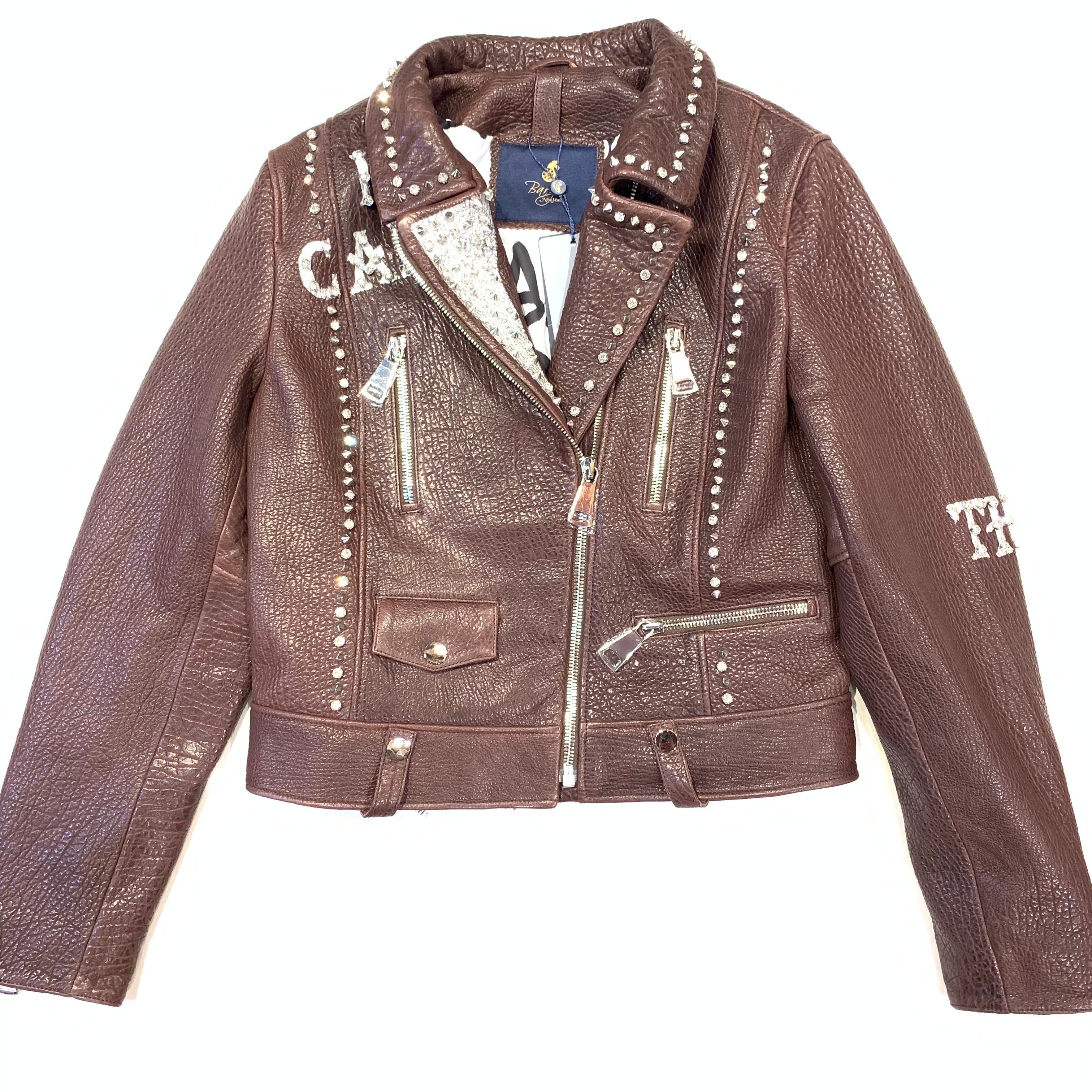 Barya NewYork Ladies Chocolate Spiked Crystal Biker Jacket - Dudes Boutique