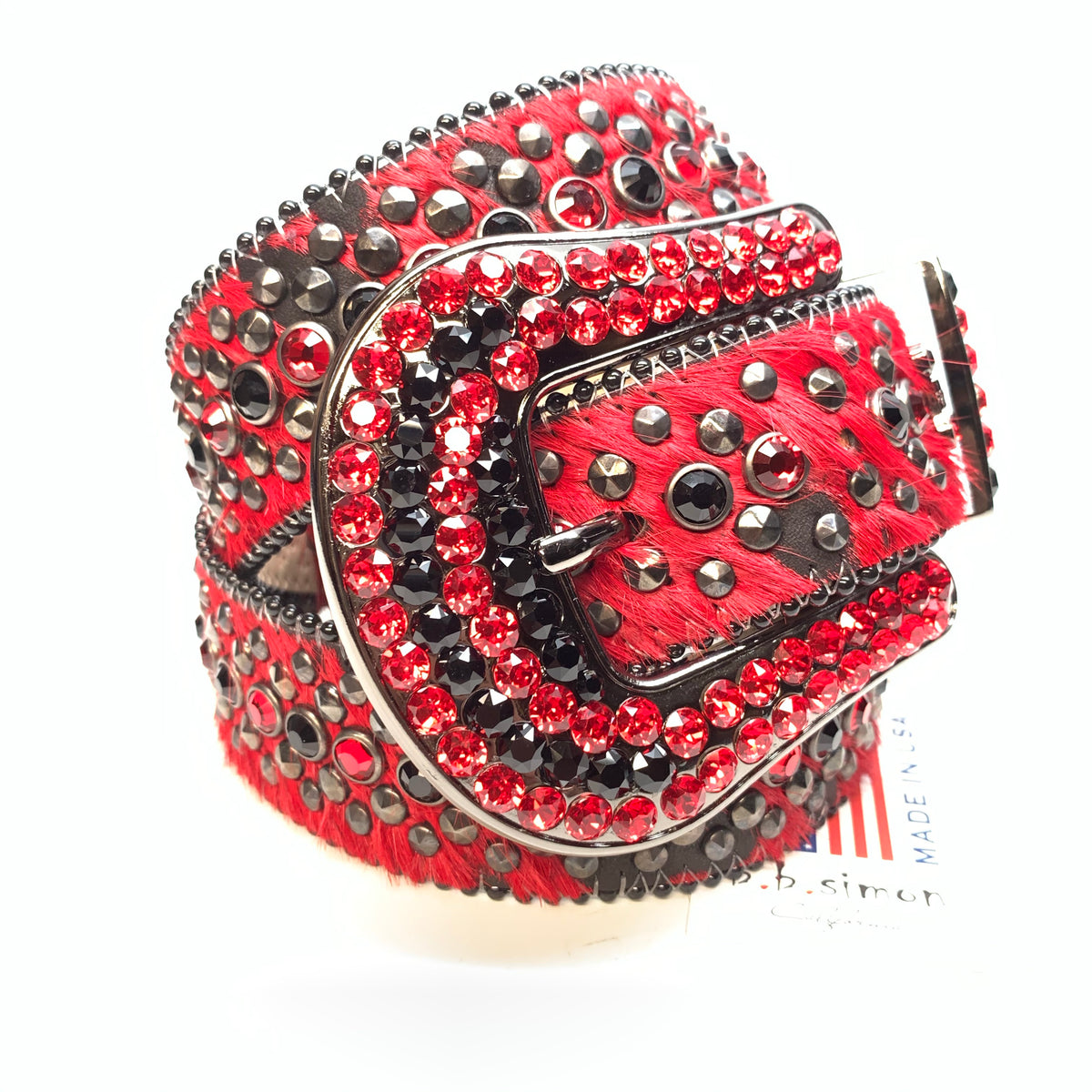 b.b. Simon 'Red War' Pony Hair Studded Crystal Belt - Dudes Boutique