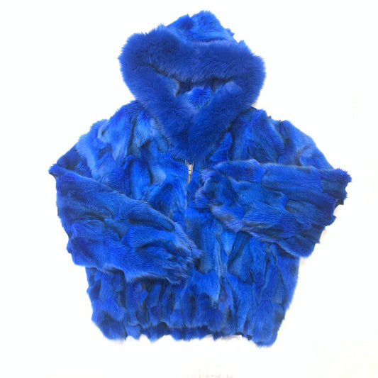 Kashani Women's Royal Blue Full Fox Fur  Hooded Bomber Coat - Dudes Boutique