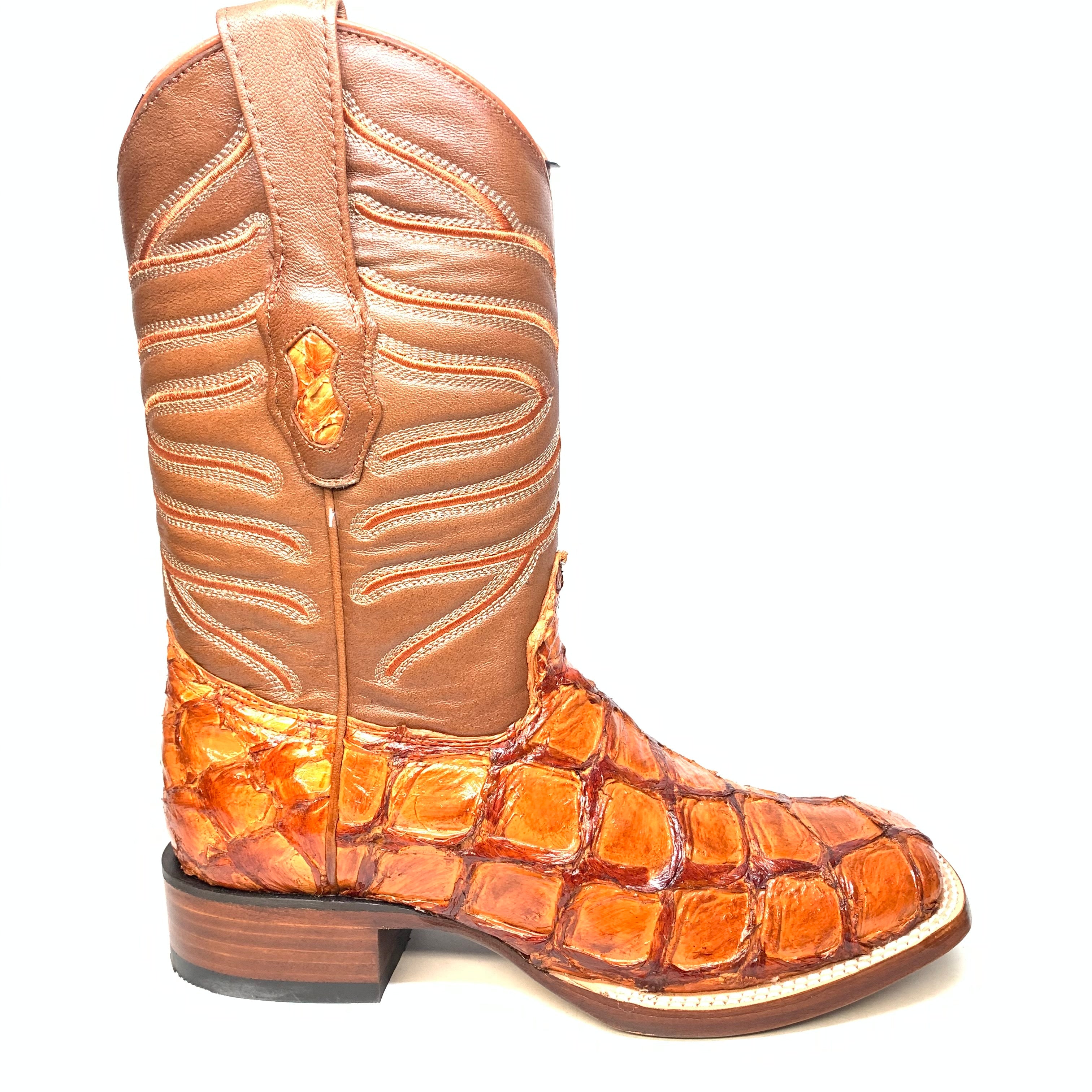 Los Altos Boots Cognac Pirarucu Square toe Cowboy Boots - Dudes Boutique