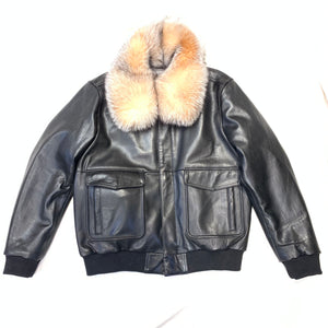 Daniels Leather Black Lambskin Red Fox Collar Bomber Jacket - Dudes Boutique