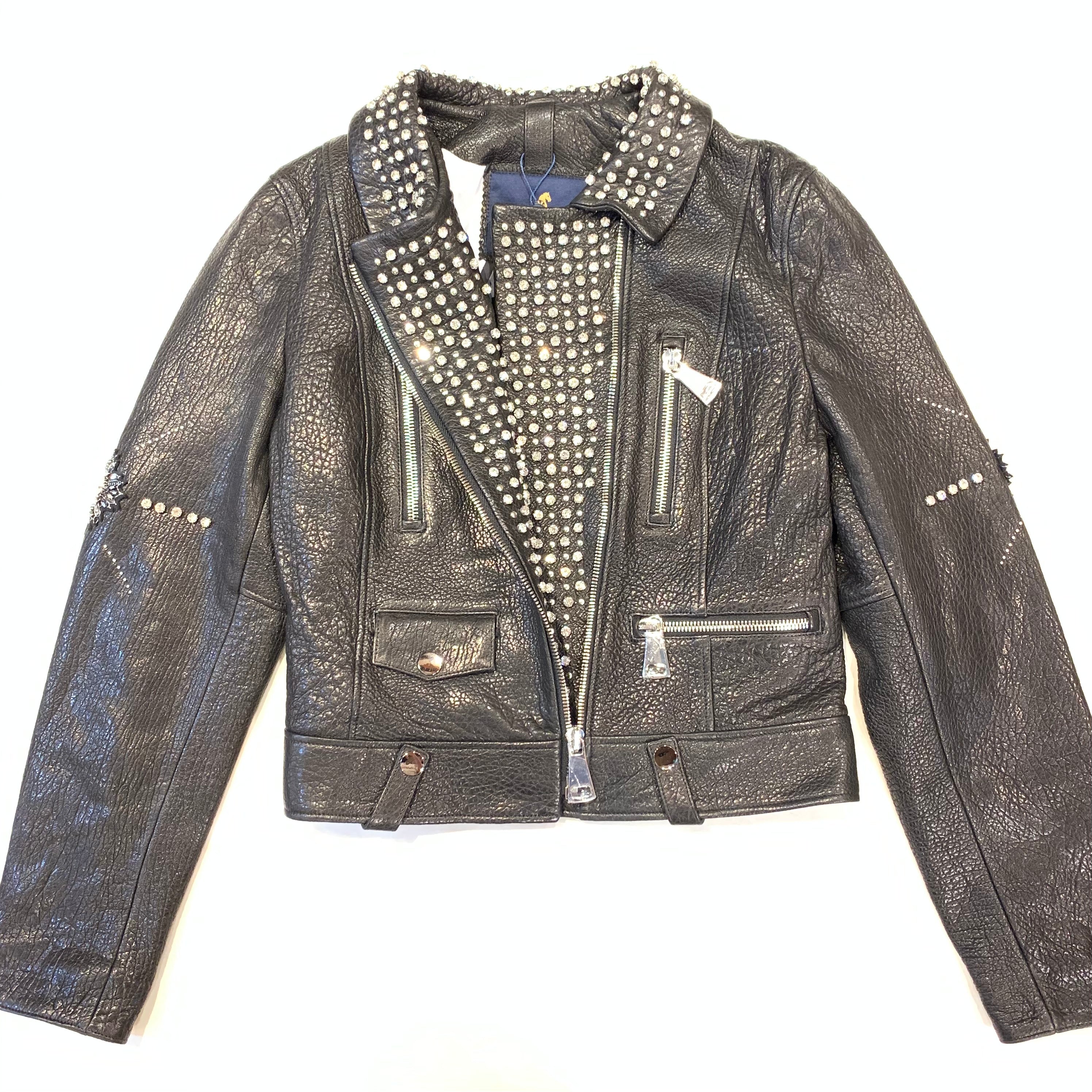 Barya NewYork Ladies Black Crystal Spiked Biker Jacket - Dudes Boutique