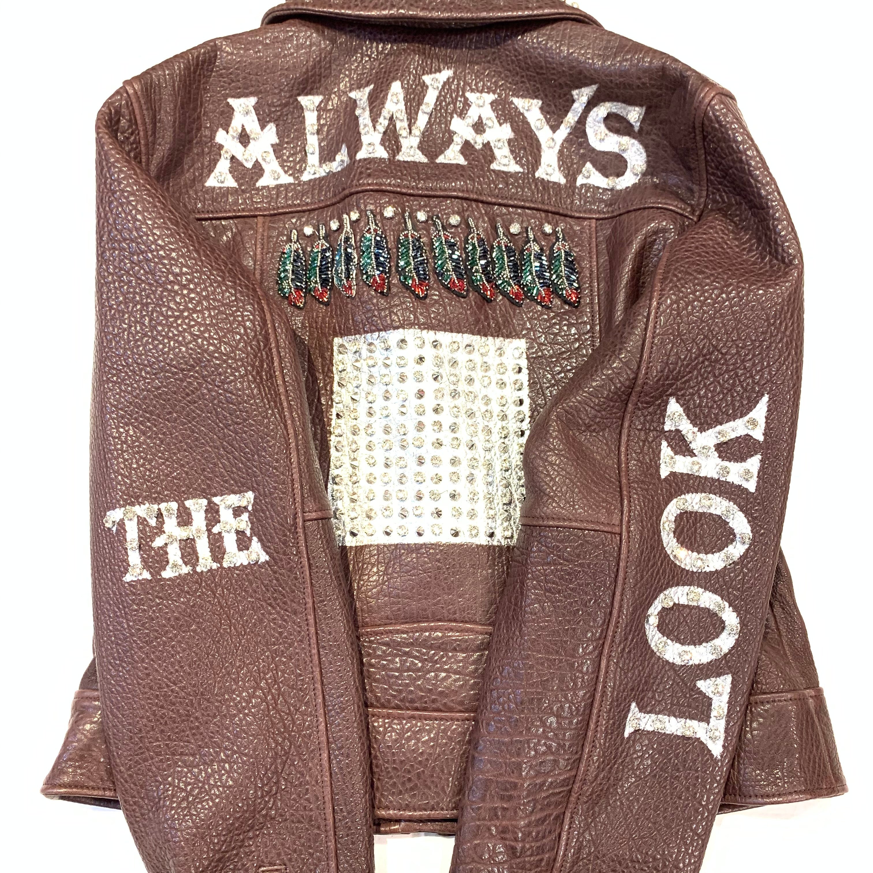 Barya NewYork Ladies Chocolate Spiked Crystal Biker Jacket - Dudes Boutique