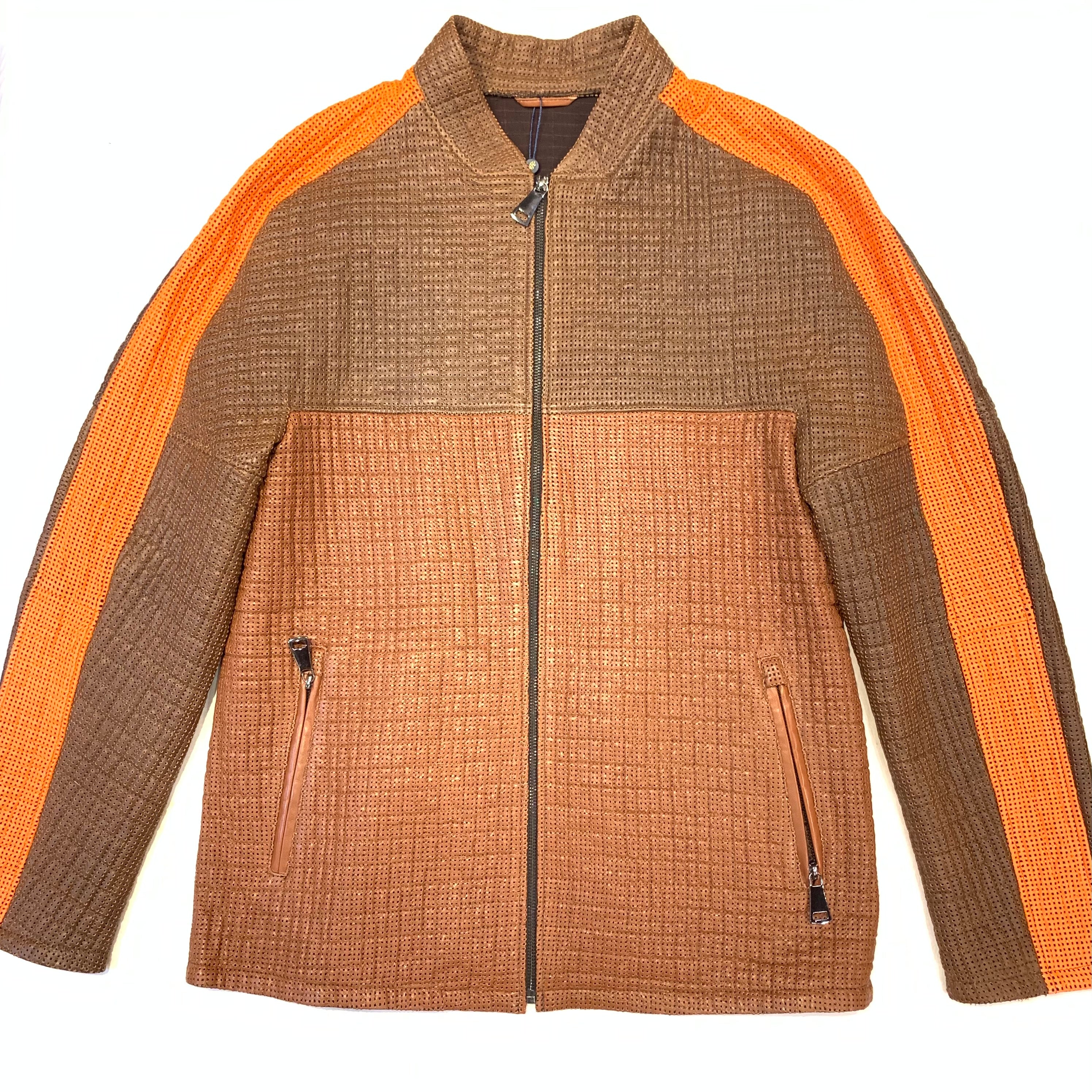 Barya NewYork Brown Orange 3-tone Perforated Lambskin Jacket - Dudes Boutique