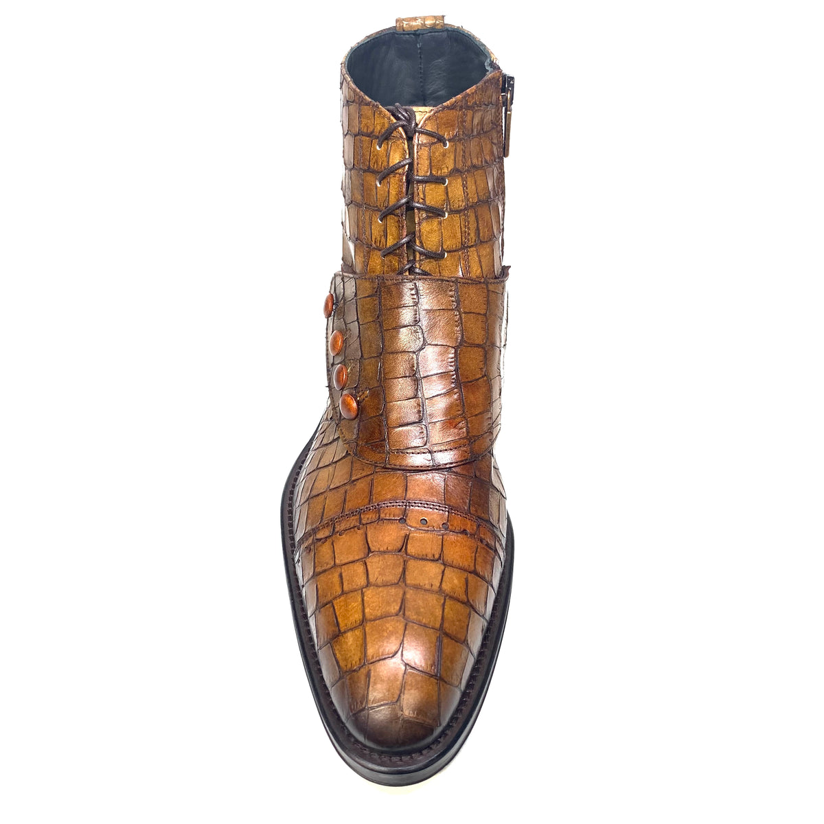 Jo Ghost Embossed Alligator Cognac Button Strap Ankle Boots - Dudes Boutique