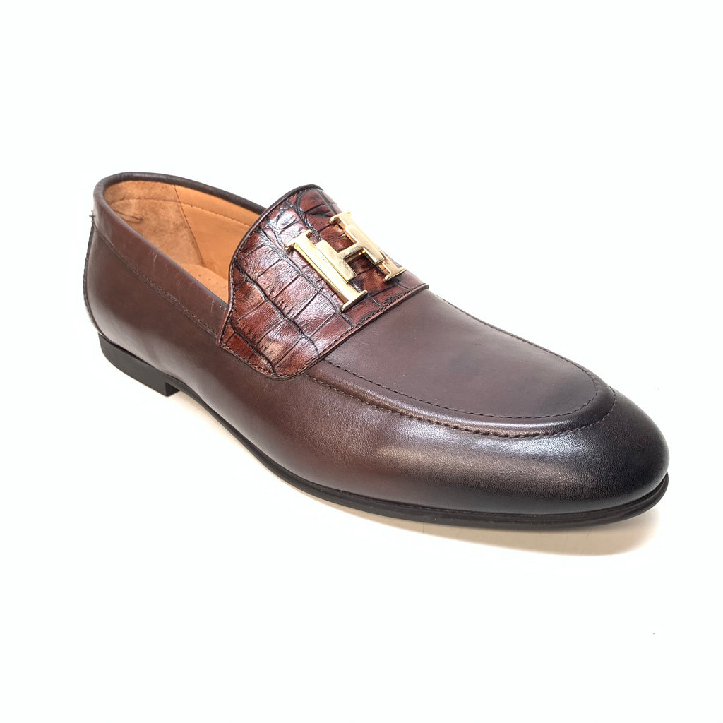 Sigotto Men's Brown Leather/Embossed Gator Penny Loafers - Dudes Boutique