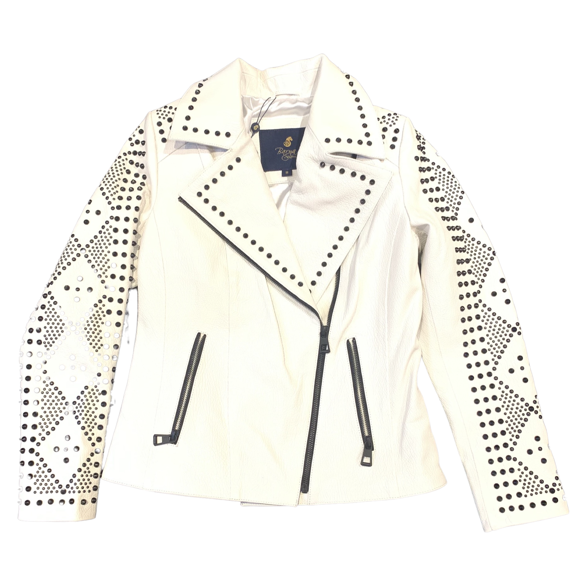 Barya NewYork Ladies White Spike Biker Jacket - Dudes Boutique