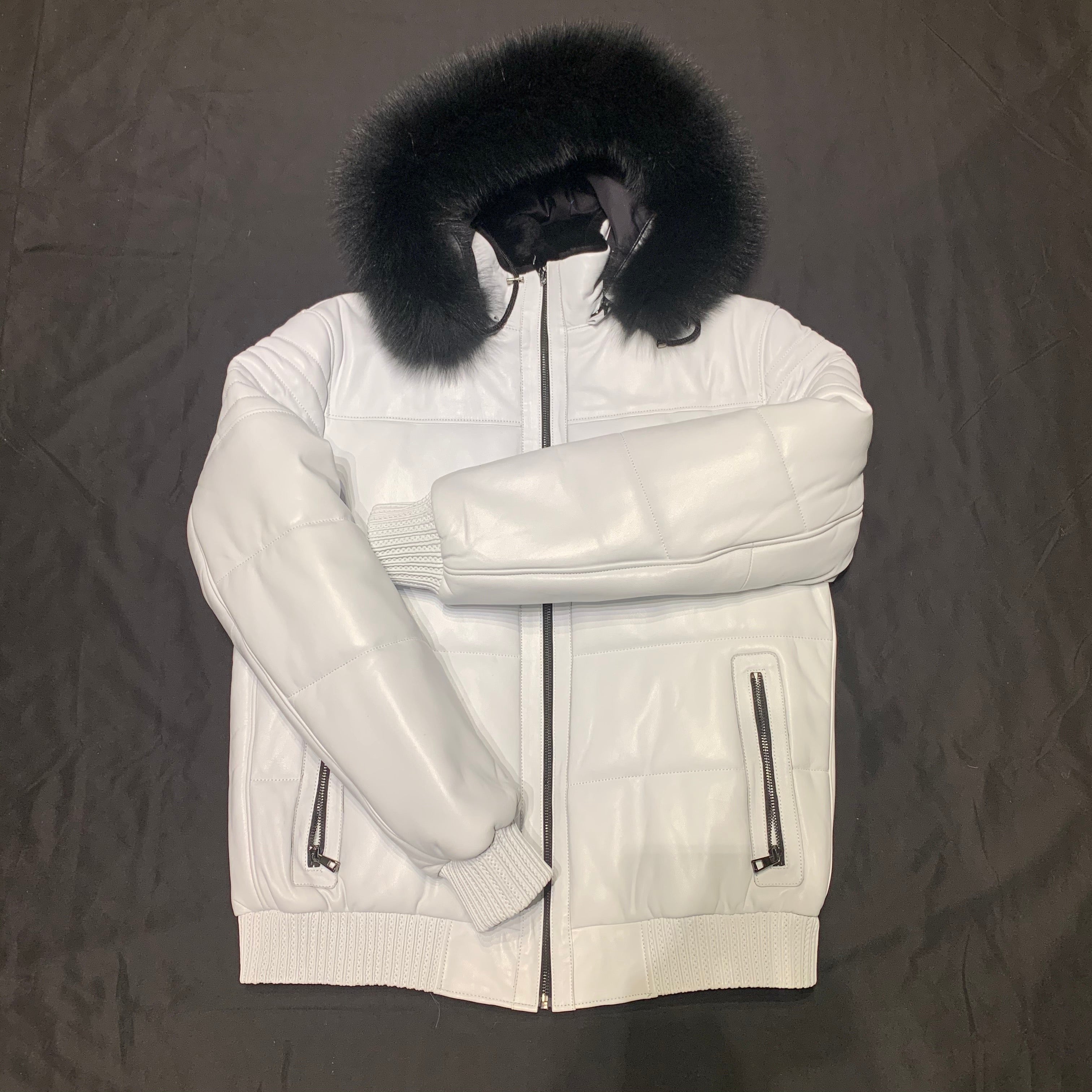 Barya NewYork White Quilted Lambskin Black Fox Fur Hooded Bomber Jacket - Dudes Boutique