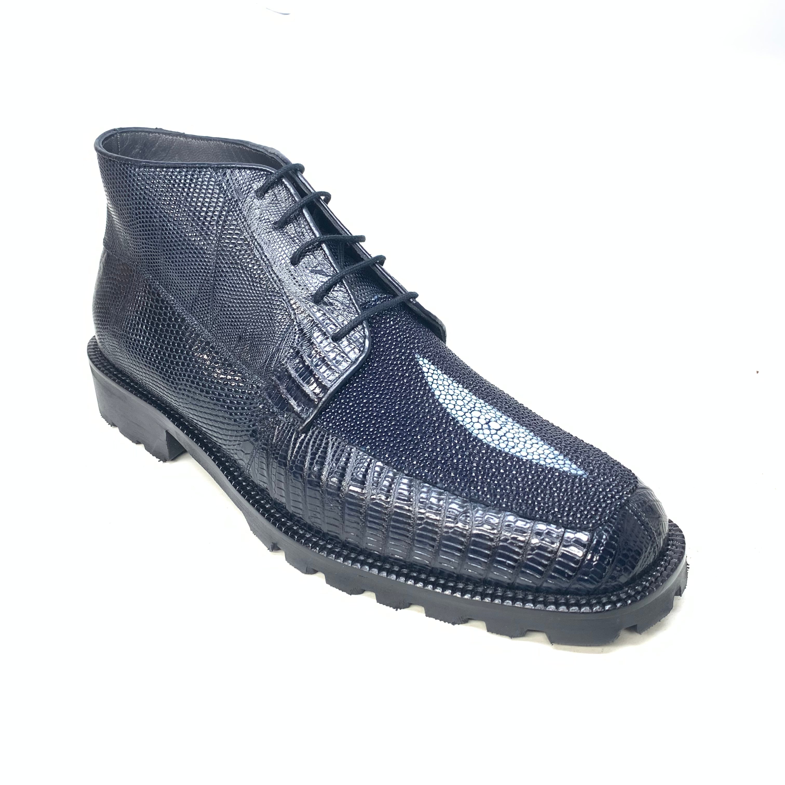 Los Altos Navy Blue Stingray Lizard Lace Up Ankle Boots - Dudes Boutique