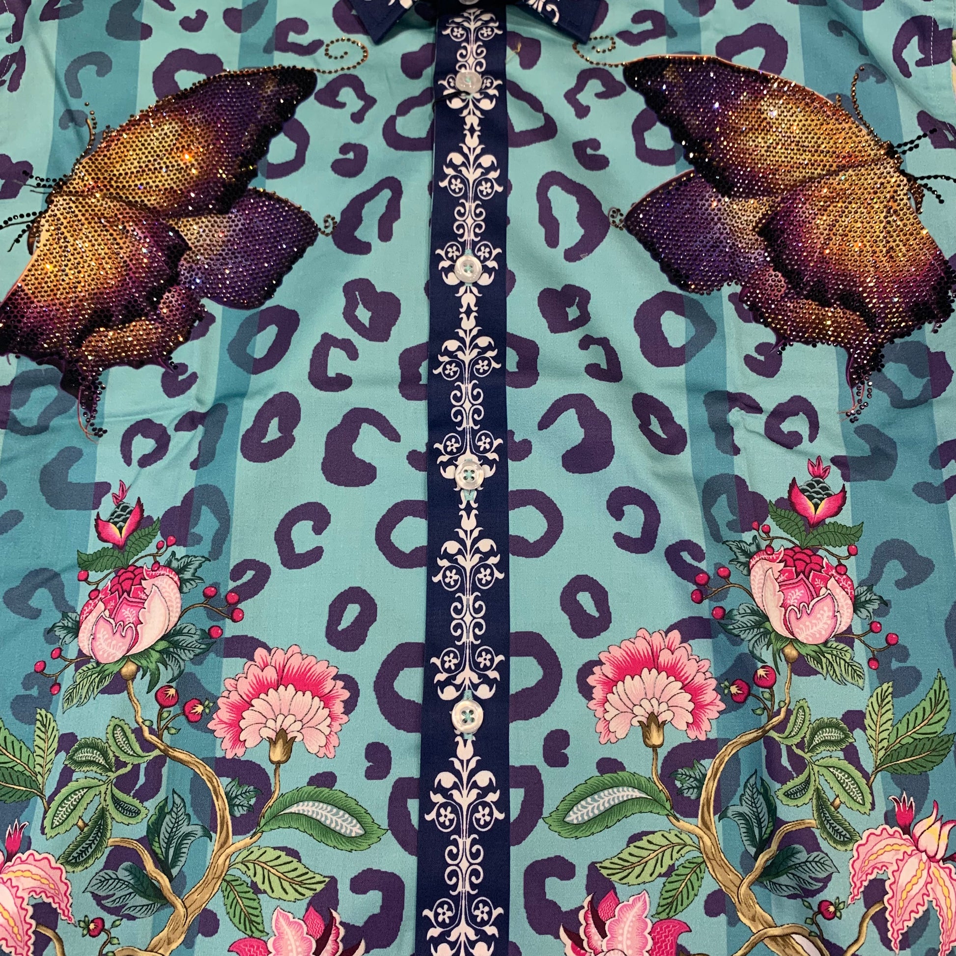 Barocco Men's Teal 'BUTTER FLY EXCHANGE' Crystal Button Up Shirt - Dudes Boutique