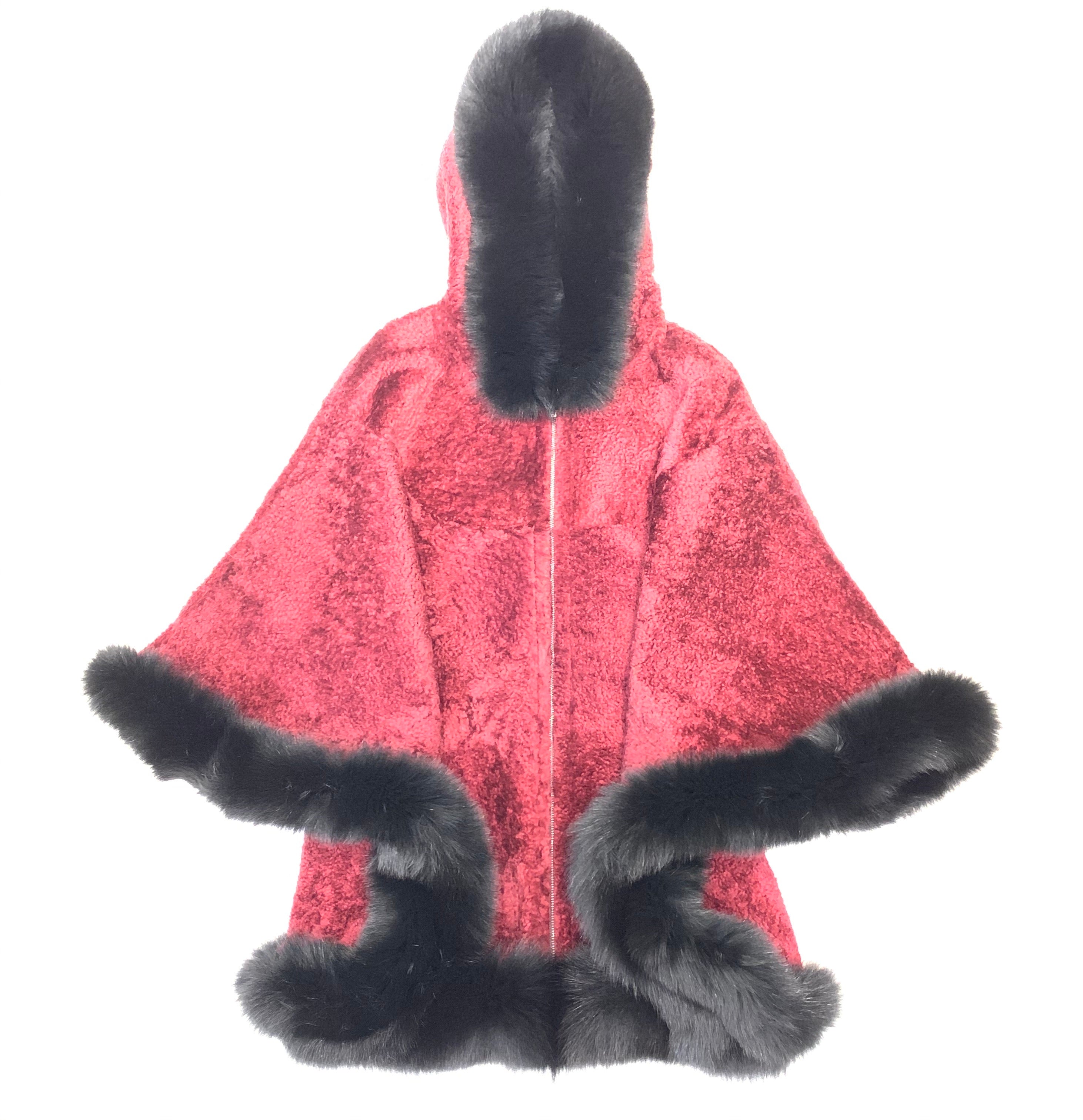 Barya NewYork Wine Wool Hooded Fox Fur Poncho - Dudes Boutique