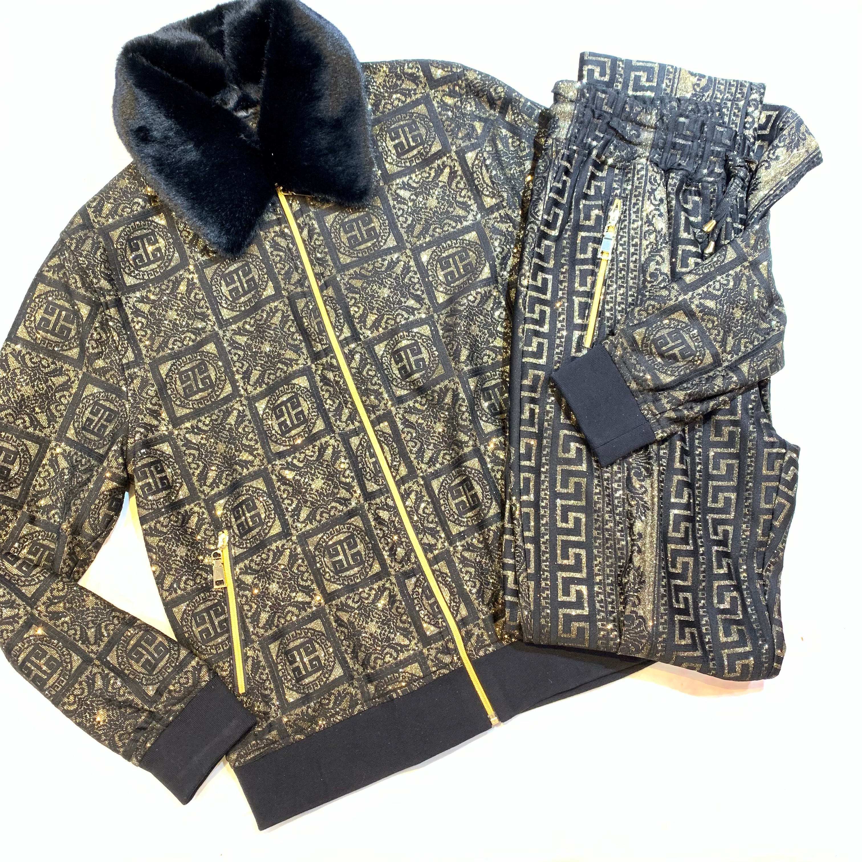 Prestige Black/Gold Greek Key Faux Mink Collar Jogger Set - Dudes Boutique