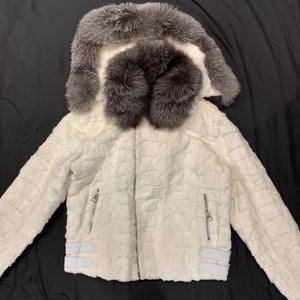 Kashani White Mink Diamond Cut Hooded Silver Fox Bomber Jacket - Dudes Boutique