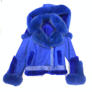 Kashani Ladies Royal Blue Biker Fox Shearling Coat - Dudes Boutique