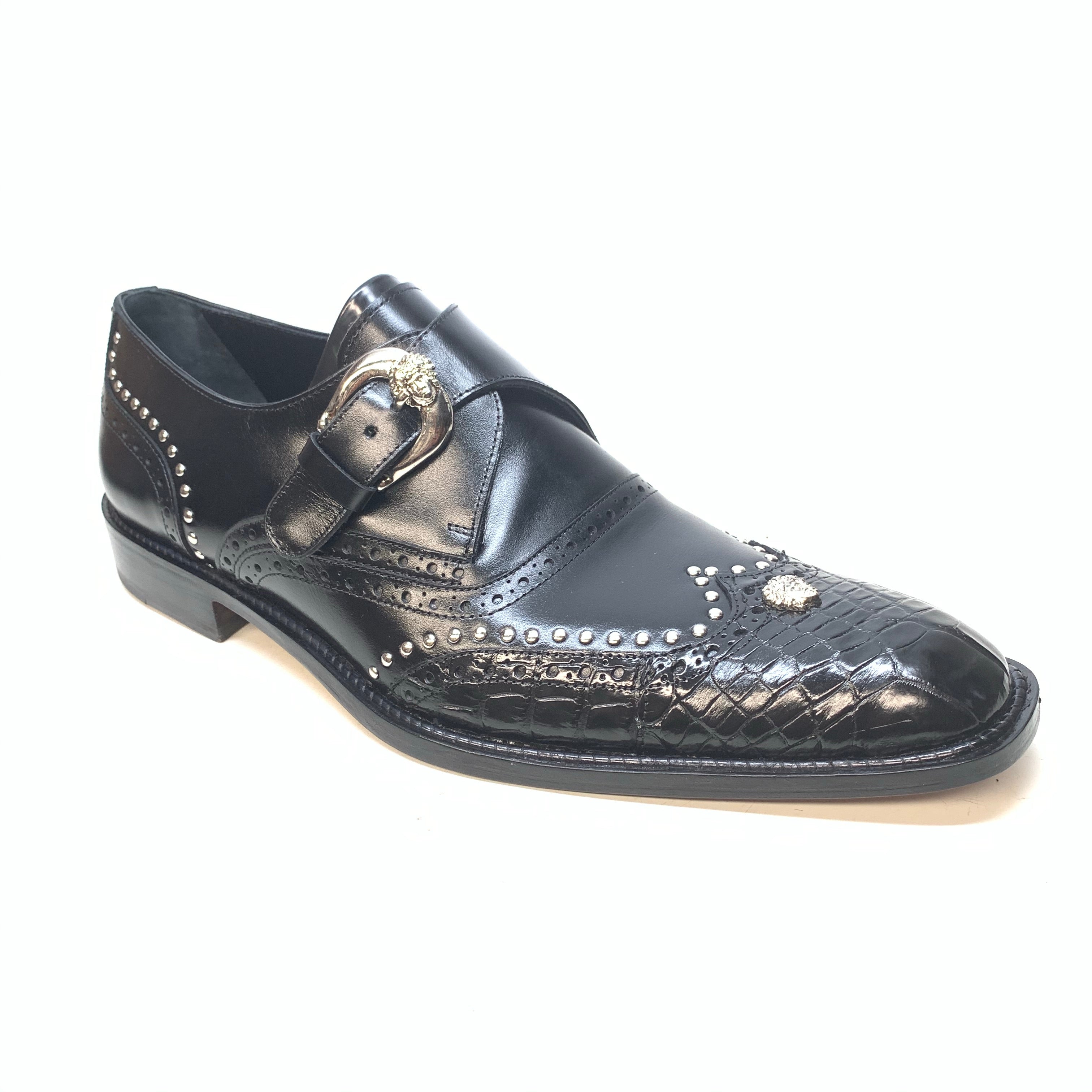 Mauri 3051 Black Alligator Studded Monk Strap Dress Shoes - Dudes Boutique