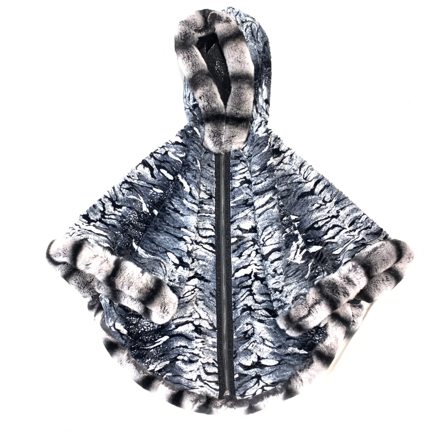 Barya NewYork Ladies Rex Rabbit Chinchila Reversible Zipper Poncho - Dudes Boutique