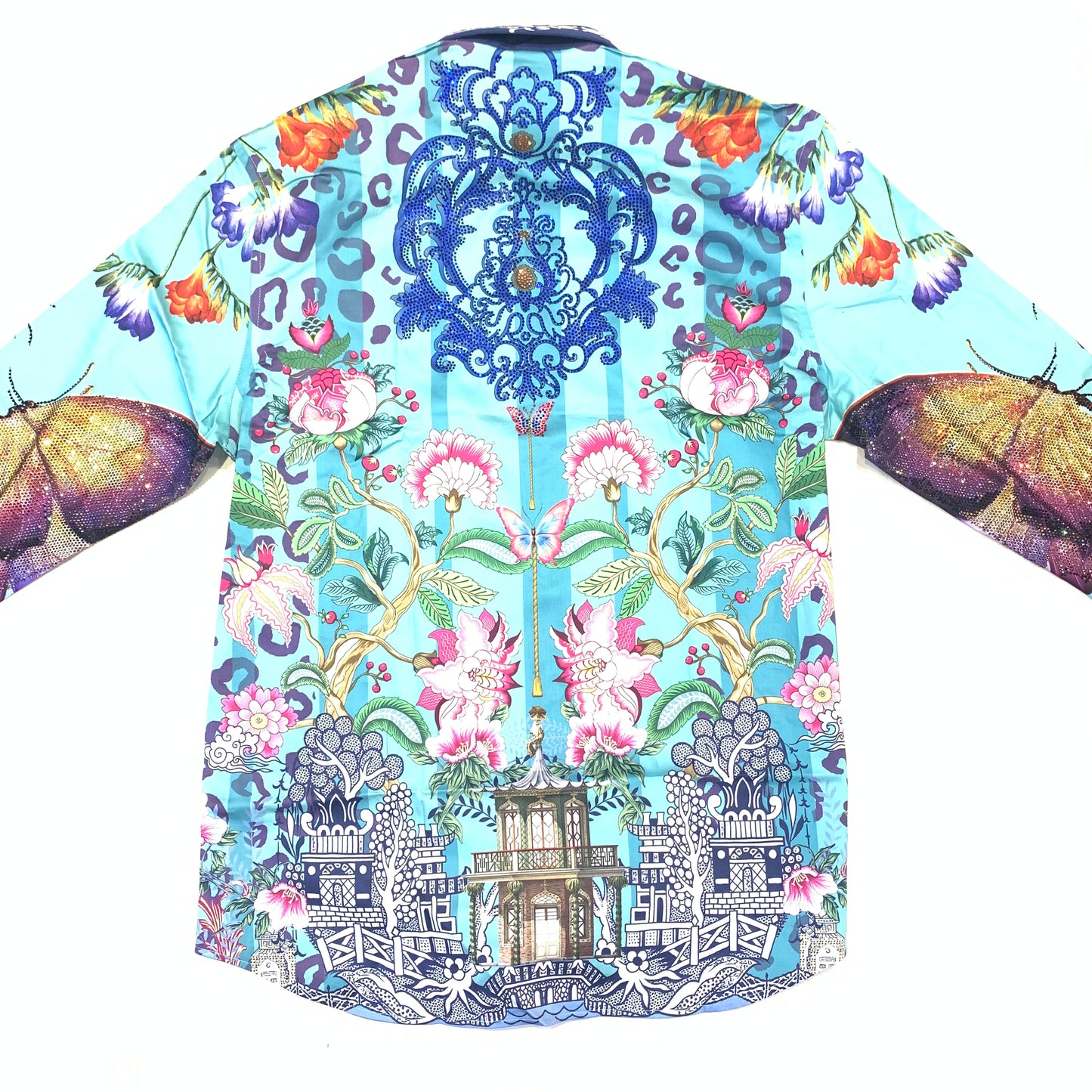 Barocco Men's Teal 'BUTTER FLY EXCHANGE' Crystal Button Up Shirt - Dudes Boutique