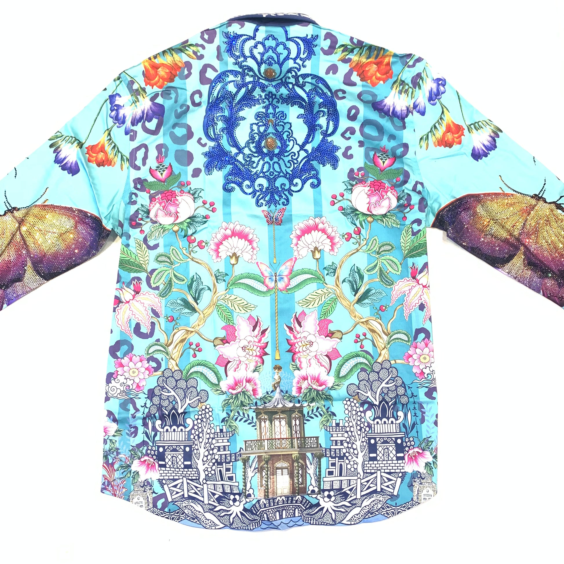 Barocco Men's Teal 'BUTTER FLY EXCHANGE' Crystal Button Up Shirt - Dudes Boutique
