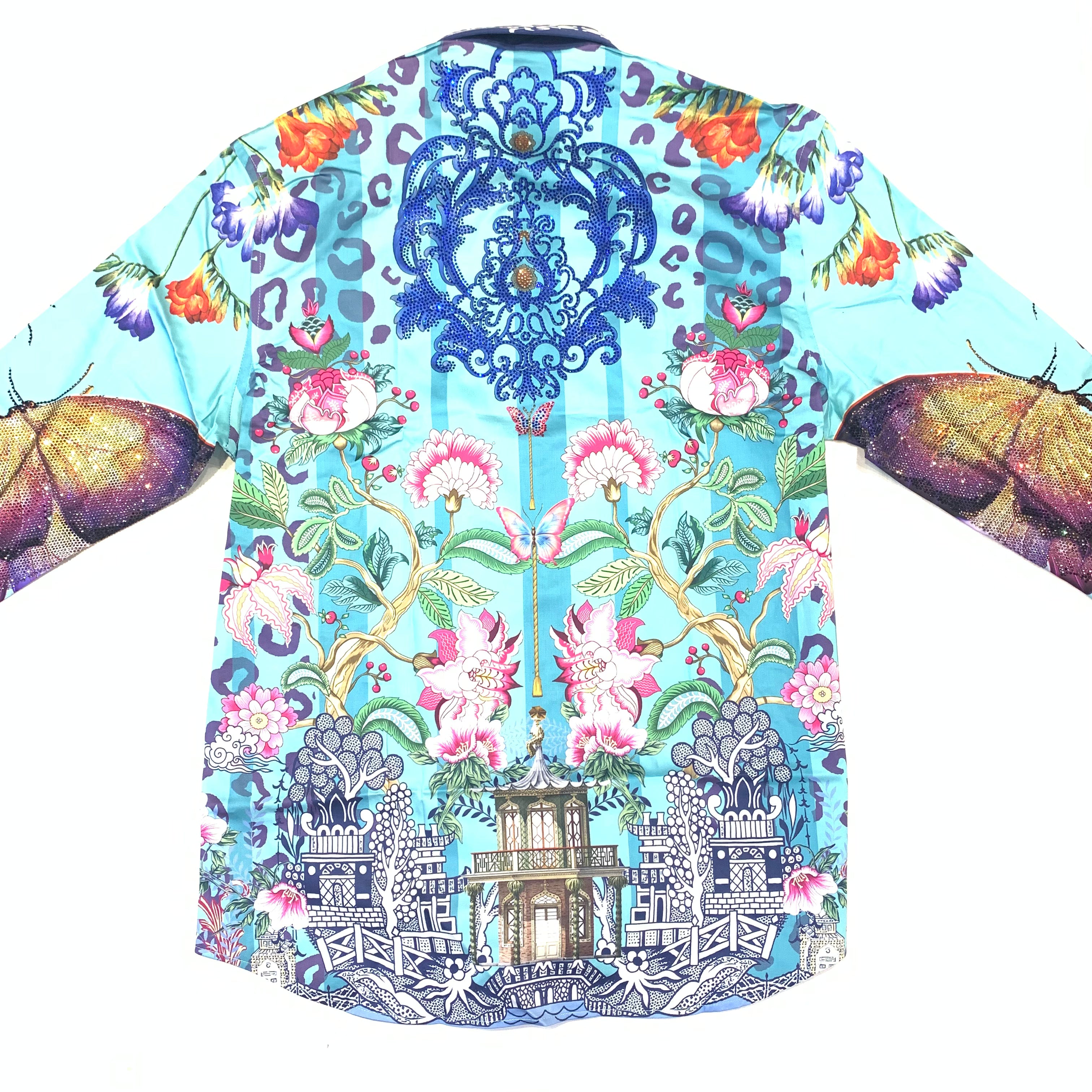 Barocco Men's Teal 'BUTTER FLY EXCHANGE' Crystal Button Up Shirt - Dudes Boutique
