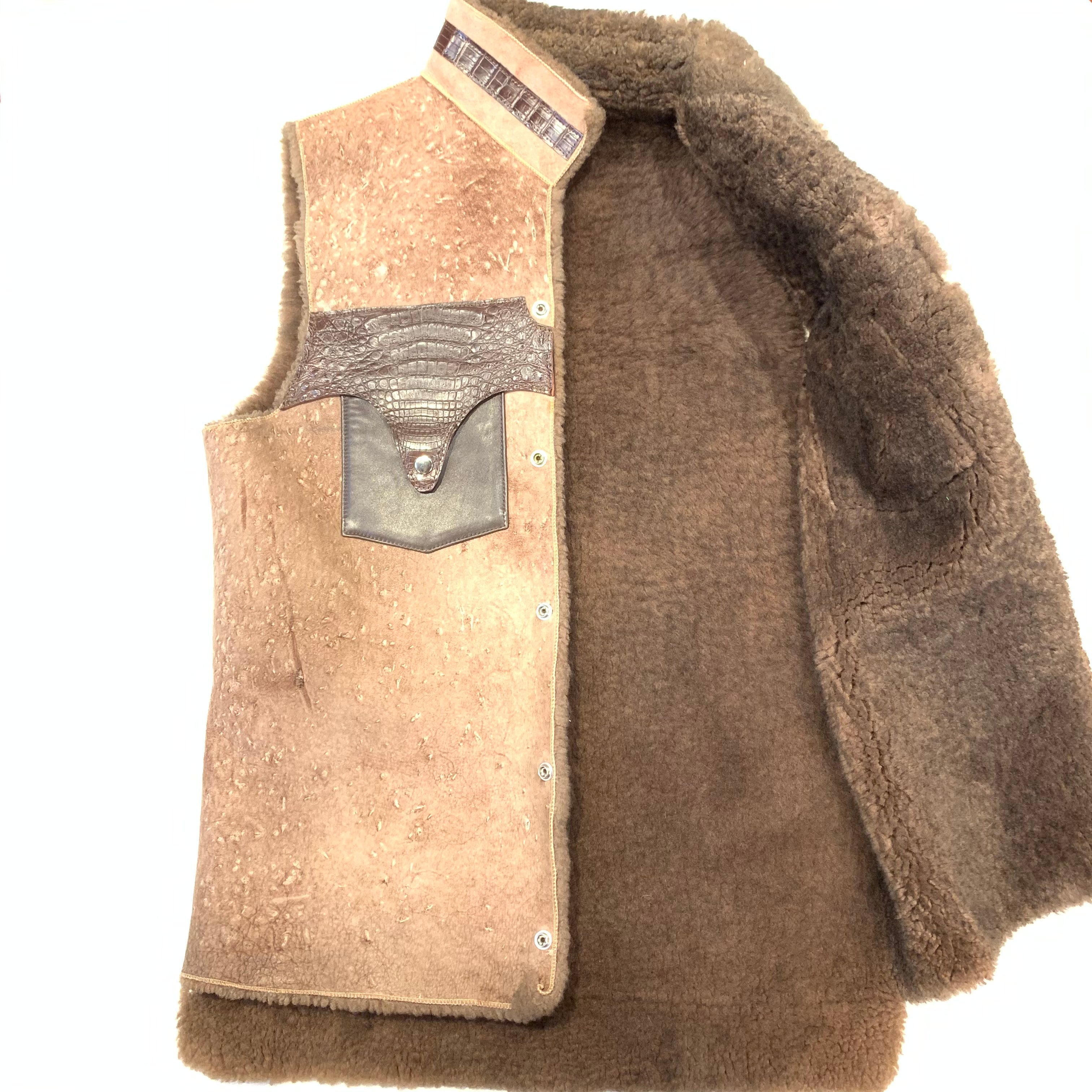 Kashani Brown Crocodile Suede Shearling Vest - Dudes Boutique