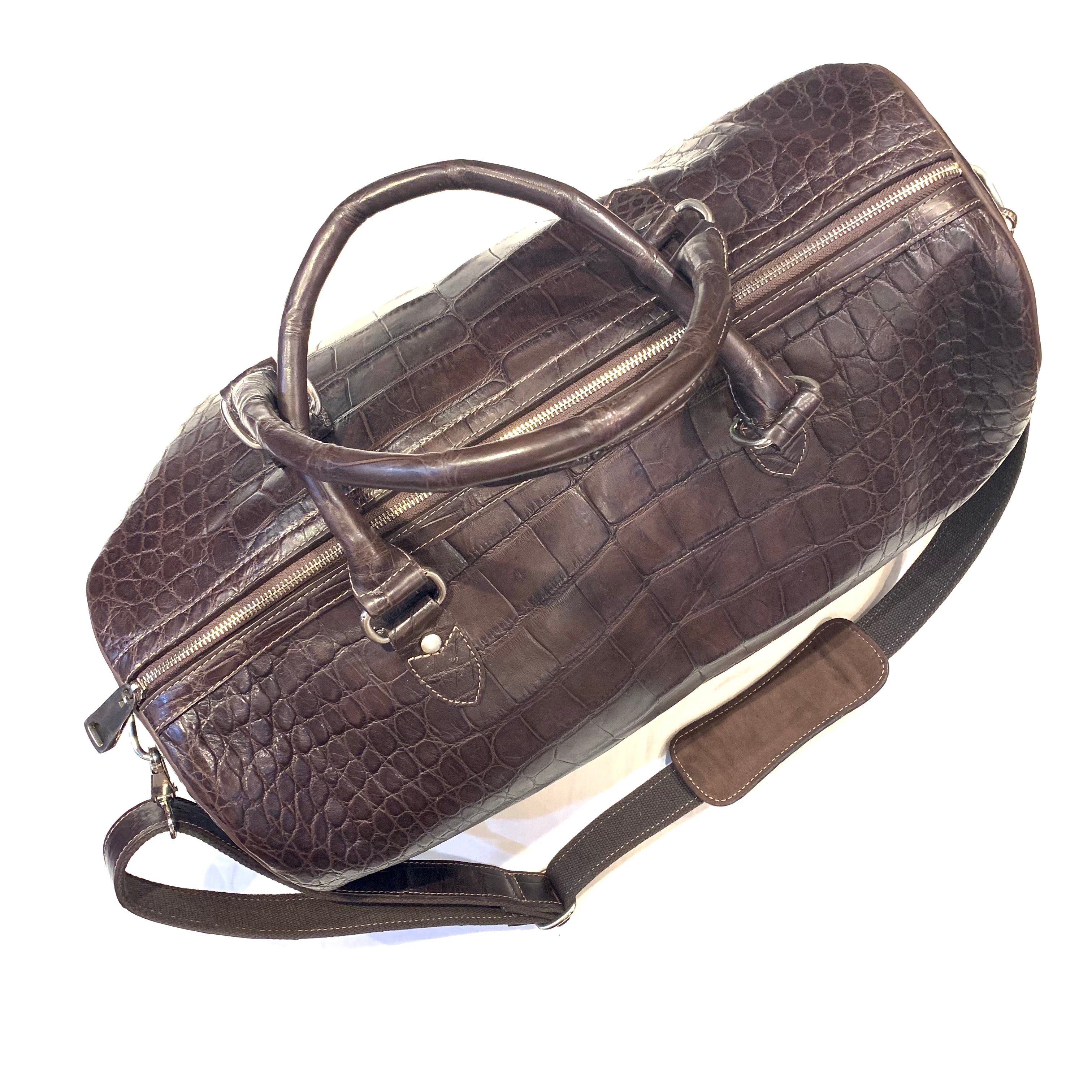 Kashani Chocolate Brown Full Skin Alligator Body Duffle Bag - Dudes Boutique