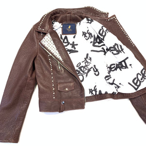 Barya NewYork Ladies Chocolate Spiked Crystal Biker Jacket - Dudes Boutique