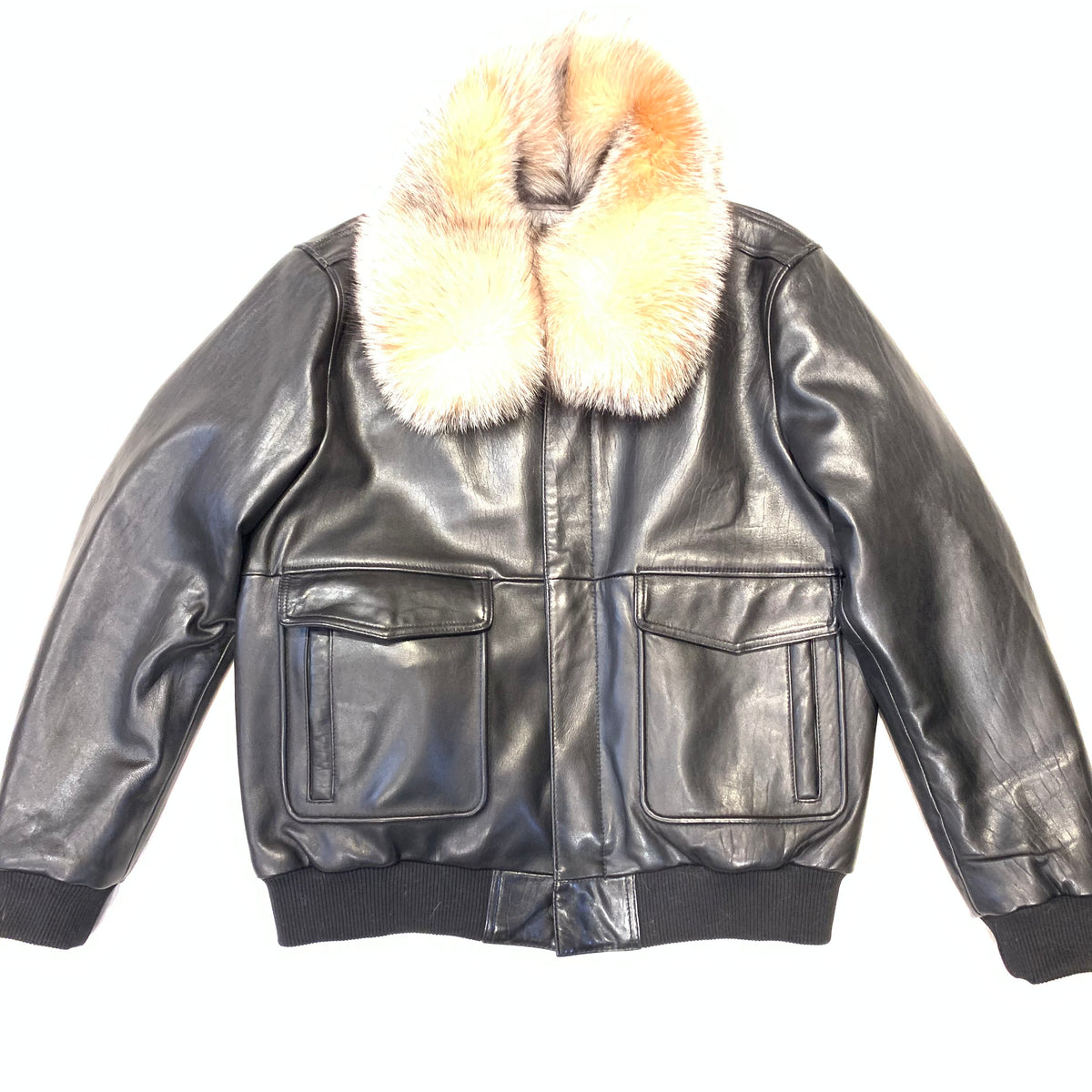 Daniels Leather Black Lambskin Red Fox Collar Bomber Jacket - Dudes Boutique