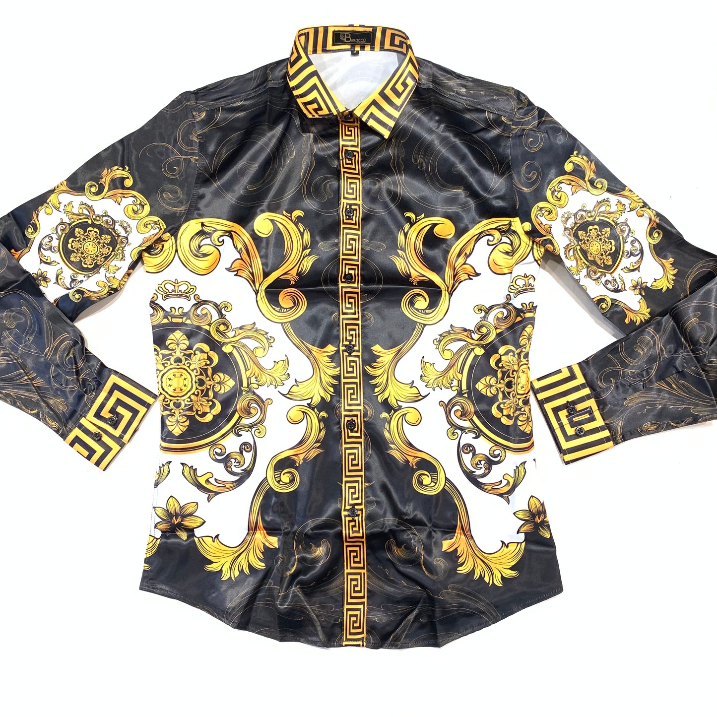 Barocco Men's Black Gold Garden Greek key Button Up Shirt - Dudes Boutique