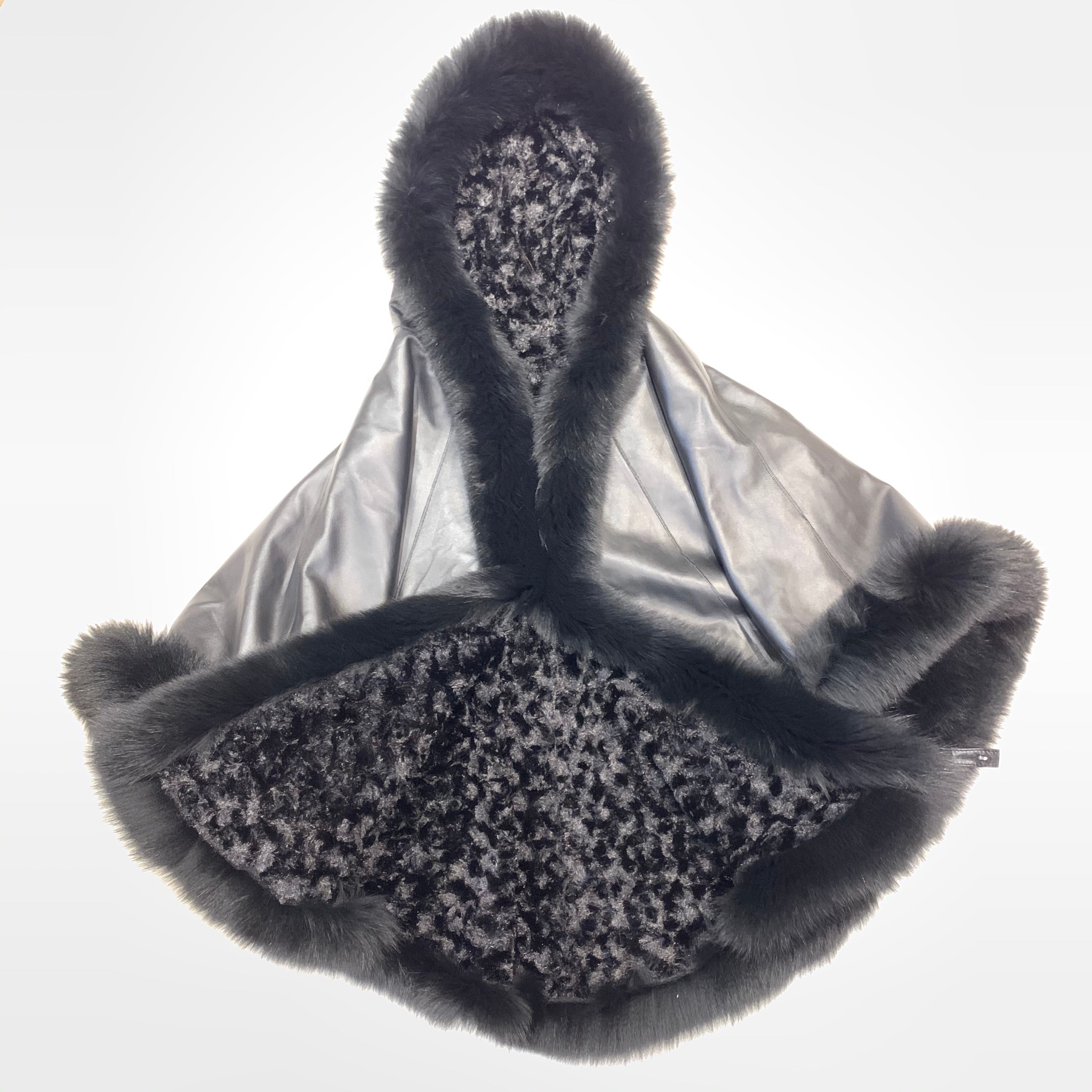 Barya NewYork Black Lambskin Hooded Fox Fur Reversible Poncho - Dudes Boutique