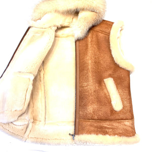 Kashani Cognac Fox Fur Hooded Shearling Vest - Dudes Boutique