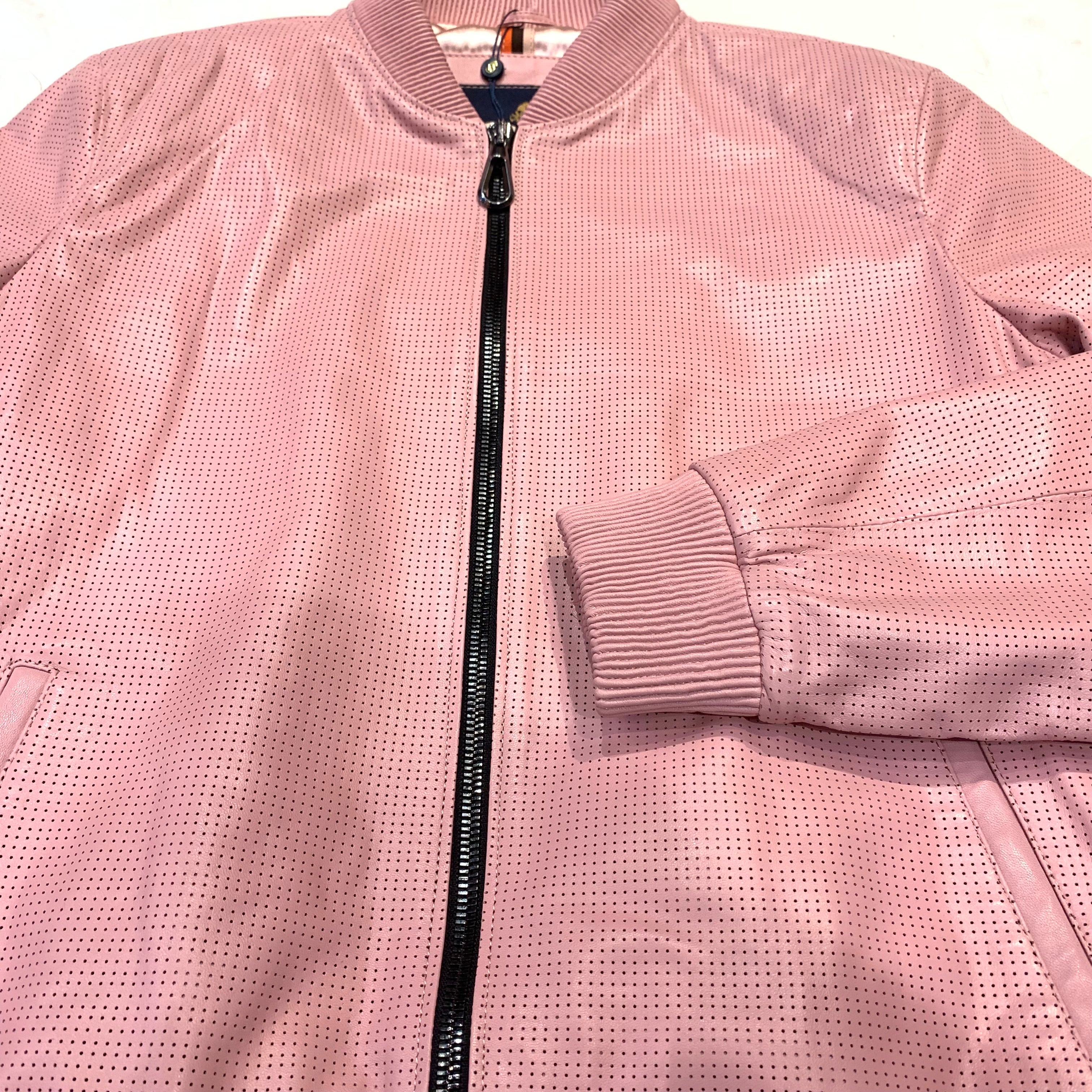 Kashani Baby Pink Perforated Lambskin Bomber Jacket - Dudes Boutique