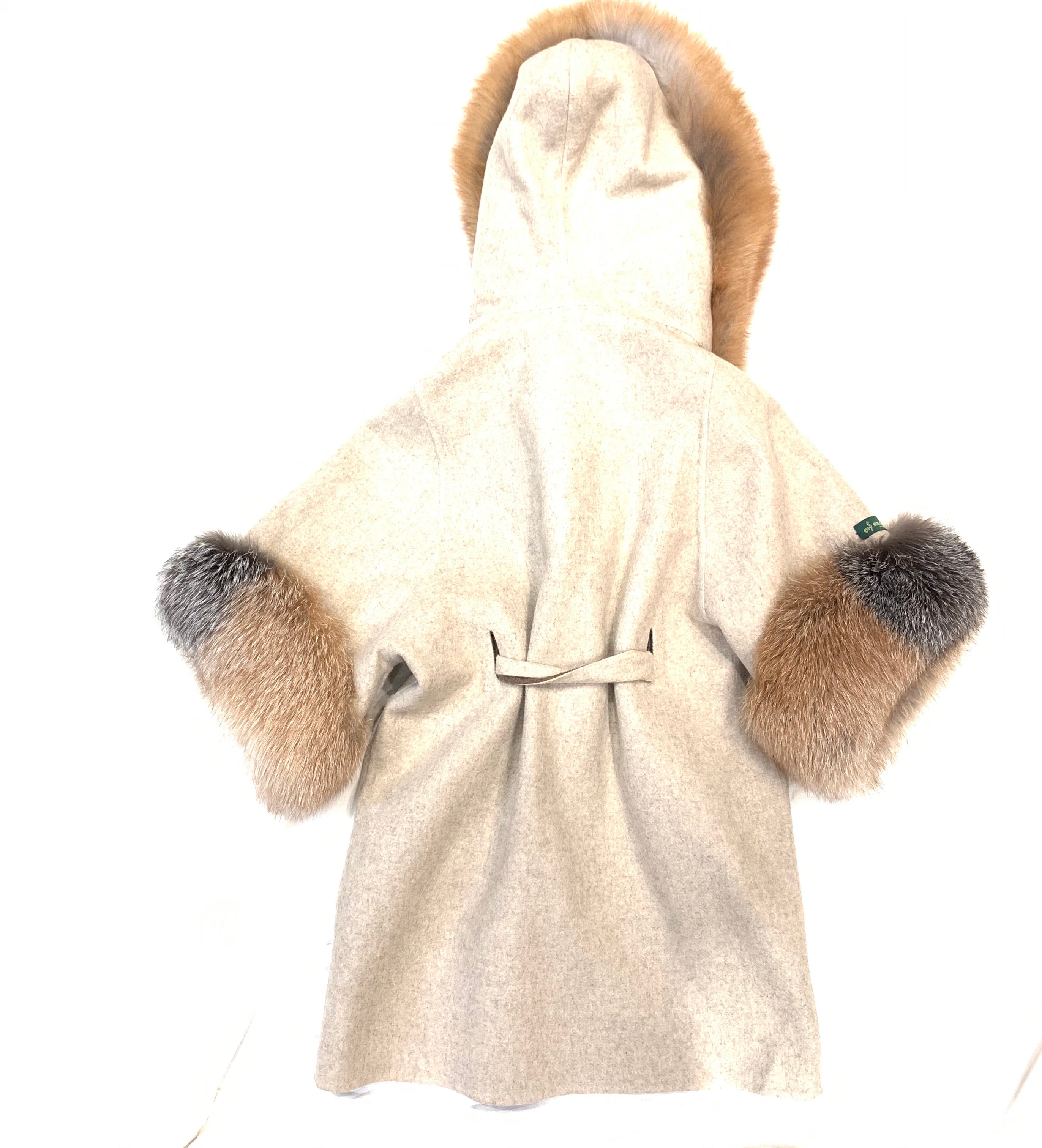 Barya NewYork White Wool Hooded Red Fox Fur 3/4 Poncho Coat - Dudes Boutique