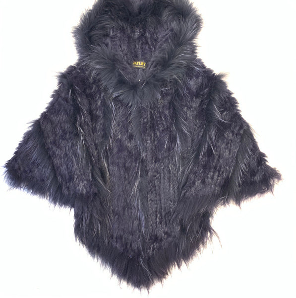 Jayley Navy Fox & Coney Fur Hooded Poncho - Dudes Boutique